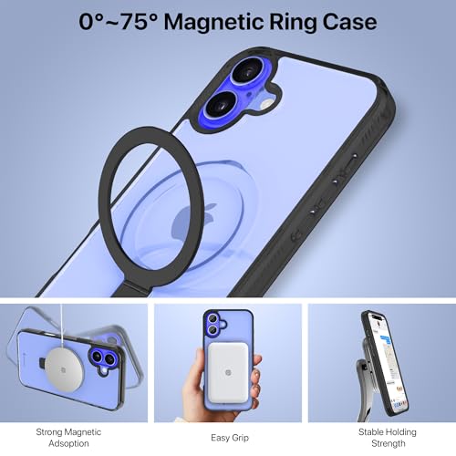Image of eller sante Solarix Magpro Back Cover Case for iPhone 16 Plus with Magnetic Alloy Ring Metal Kickstand Camera Protector TPU Shockproof 10ft Drop Protection Compatible with Mag-Safe- Black