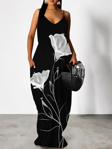 Image of Women's Summer Maxi Dress Spaghetti Strap Floral Boho Beach Long Sundress with Pockets
