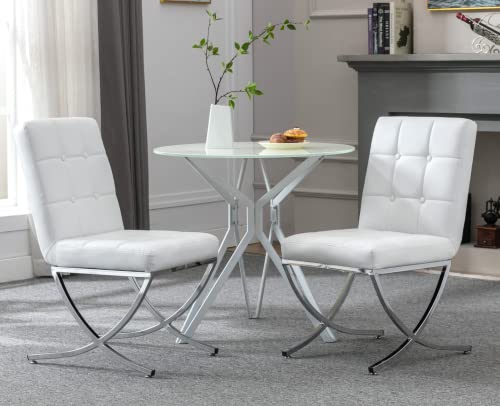 Cimota Modern White Dining Chairs Set Of 2 Upholstered Tufted Leather Dining Room Chairs Kitchen Chairs Comfy Armless Side Chairs With Chrome Metal X Legs For Dining Room/Living Room, Pu White/2Pcs #TOP14