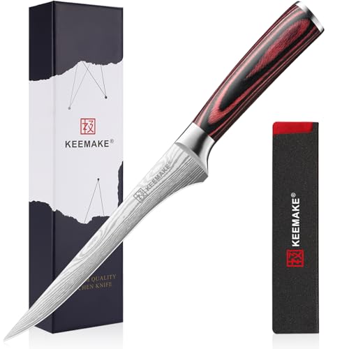 KEEMAKE Couteau Cuisine à Désosser 16 cm, Couteau Professionnel à Saumon Viande avec Fourreau de Lame, Couteaux en Acier Inoxydable pour Cuisine de Restaurant