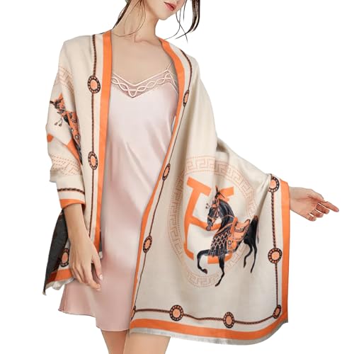 Relang Scarfs for Women Pashmina Silky Shawl Wrap for Evening Dressing Blanket Open Front Poncho Cape Orange&white