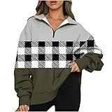 Herbst Pullover Damen Winter Elegant Longpullover Freizeit Pulli Weich Plaid Warm Kapuzenpullover Casual Sweatshirt Winter Mit Seitentasche Zip Langarm Oberteile Top