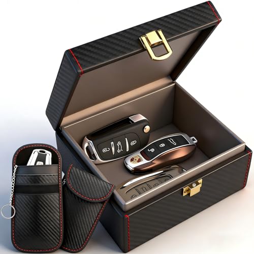 Diyife Car Key Signal Blocker Box, [5-7 Keys Capacity] 12.5 x 10.2 x 5.5cm Faraday Box for Car Keys with 2 Pack Faraday Pouch, Anti-Theft Key Fob Protector RFID Signal Blocking Cage