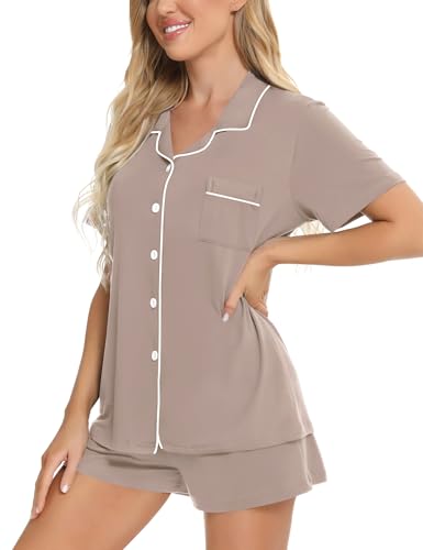Image of SWOMOG Womens Button Down Pajamas Set Short Sleeve Sleepwear Bride Soft Pj Lounge Sets XS-3XL
