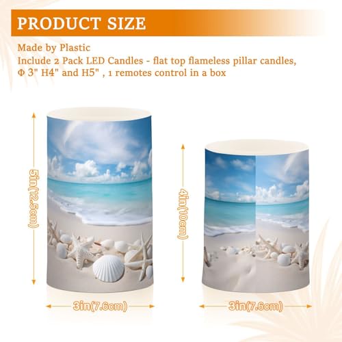 Image of Flickering Flameless Candles, Starfishes Seashells Beach Blue Sky LED Candles with Remote Timer, Set of 2 Battery Operated Candle for Valentine Wedding Birthday