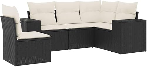 Miniatura 3 de 5-Piece Garden Sofa Set in Black and Cream White, Modern Outdoor Furniture with Modular Design, Weather-Resistant Poly Rattan Construction, Ample