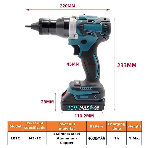Automatyczny pistolet nitowniczy elektryczny, zestaw narzędzi do ciężkich przewodów z baterią, ładowarką i etui do nitów i nakrętek nitowych, 5200 mAh