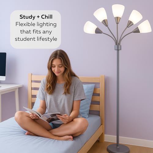 LIGHTACCENTS Medusa 5-Light Floor Lamp for Bedroom – Multi-Head Standing Lamp with 5 White Acrylic Shades, Silver Spider Lamp, Bright Floor Lamp for Bedroom, Living Room, Office