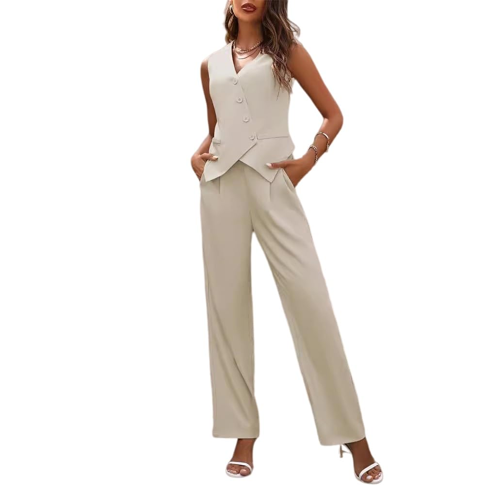 Conjunto Mujer Conjuntos De Dos Piezas Para Mujer: Trajes Casuales De Negocios Elegantes Conjuntos Asimétricos Con Chaleco Tipo Blazer Sin Mangas Y Pantalones De Pierna Ancha Conjuntos A Juego Para