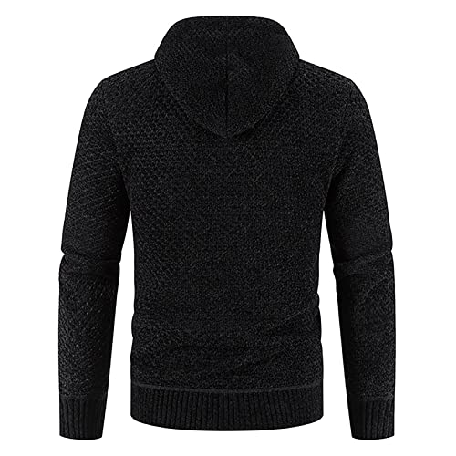 Men's Hooded Plush Plaid Knit Winter Outwear Drawstring Coat Sweater Warm Solid Color Jackets Tops Black #TOP1
