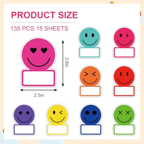 Image of Whaline 135Pcs Rainbow Smile Face Name Tag Sticker Back to School Nameplate Decals 9 Designs Happy Face Bright Colors Desk Labels for Classroom Bulletin Board Office Wall Decor