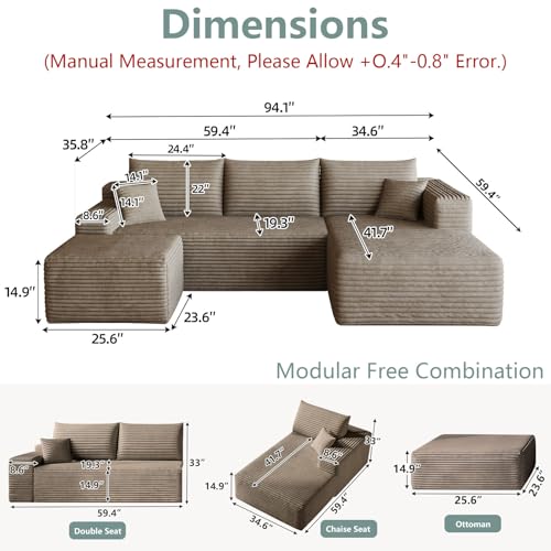 Image of 95 inch Modular Sectional Sofa with Ottoman, Modern Corduroy Cloud Couch with Deep Seat, Boneless Couch Upholstered 4-Seater U-Shaped Sofa for Living Room, No Assembly (Camel,Left-Facing Chaise)