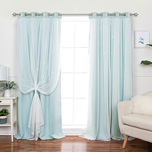 Best Home Fashion Tulle Overlay Blackout Laser Cut Starry Sky Curtain Pair, Silver Grommet Window Panels for Bedroom, Kids Room - 52