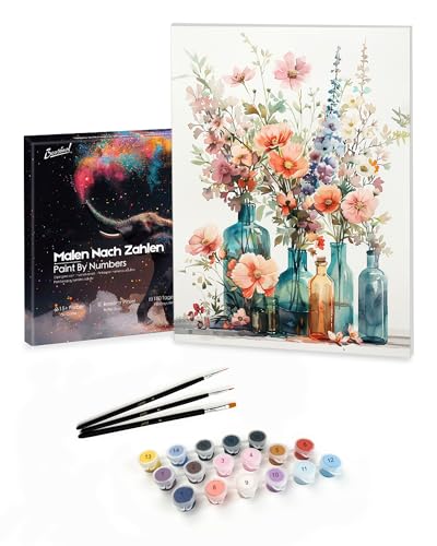 Bougimal Pintar por Numeros Adultos Paisaje incluir Pinceles y Pintura Acrilica, Flores 1, Con Marco 28 X 35 cm