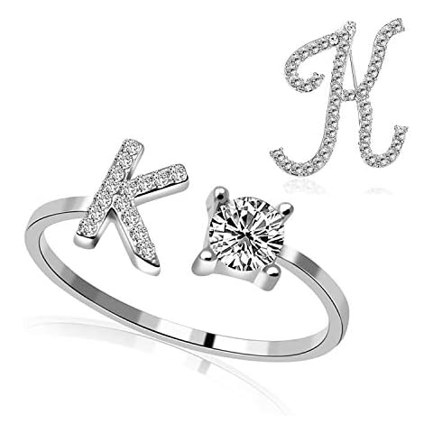 RINHOO Initial Knuckle Rings and Brooch Pin Silver Crystal 26 A-Z Letter Alphabet Adjustable Ring for Women Girl Jewelry, Crystal Cover