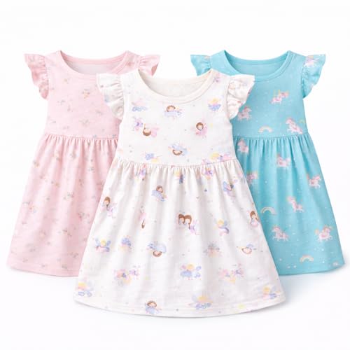 Image of EIO Girls Cotton Frock Dress Combo Pack | Multicolor Printed Knee Length Casual Dresses for Kids | Soft & Breathable Summer Wear Outfit
