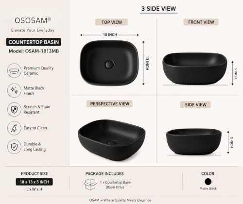 Image of OSOSAM Premium Designer Table Top Ceramic Wash Basin /Vessel Sink with Slim Rim for Bathroom (18 x 13 x 5.5 Inch) (Black)