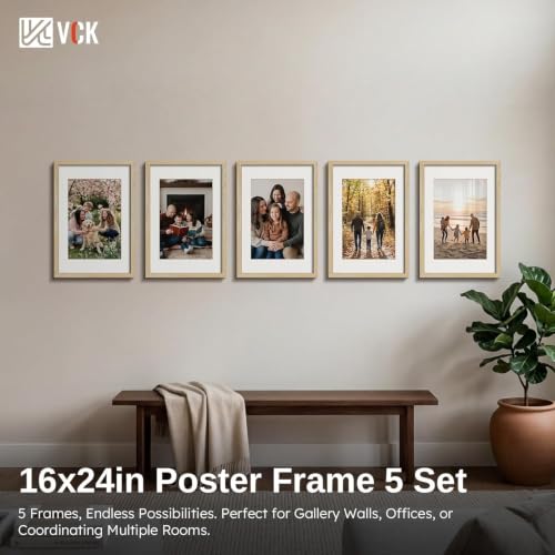 Image of VCK 16x24 Picture Frame 5 Pack, Natural Wood, 12x18 Mat, for Gallery Wall