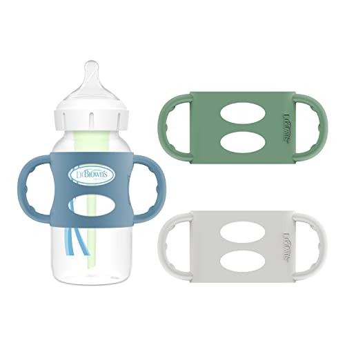 Image of Dr. Brown's Milestones 100% Silicone Baby Bottle Handles, Wide-Neck, Removable Easy-Grip Transitional Sippy Cup Handles, Light Blue, Green, Gray, 4m+, 3 Pack