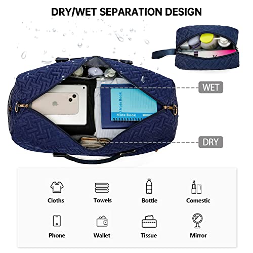 Image of Duffle Bag for Travel, Weekender Bag with Shoe Compartment, Carry On Overnight Bag for Women with Toiletry Bag, Gym Bag with Wet Pocket, Hospital Bags for Labor and Delivery Beige, Navy, 23.4x11x11.6