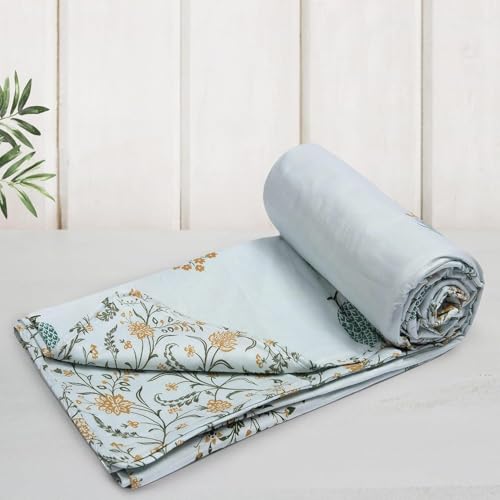 Image of HUESLAND 100% Cotton Reversible Dohar Single Bed Cotton | Soft Cambric Weave, Lightweight AC Blanket for Summer & All Weather Use | 56 x 89 inches, Botanical Fusion - Celest Blue, Green & Mustard
