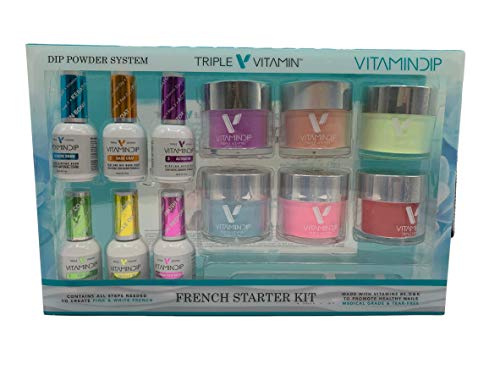 Triple Vitamin Dip Liquid Set, Dip Color Starter Kit Steps 1-6, Bond Gel Base Activator Gel Top C. Oil Brush Restorer, 6 Jars of Nail Dipping Powder, 5 Replacement Brushes Set for Your DIY Home Salon