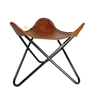 Brown leather butterfly chair stoolhandmade leather ottomaniron frame furniture stoolliving room comfortable footrest foot stool lounge office stool  urban country home decor