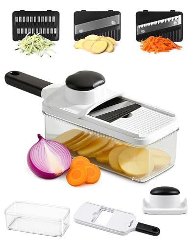 Keplin 3-In-1 Mandoline Vegetable Slicer Hand-Held Food Slicer With 3 Interchangeable Blades Non-Slip Base Dishwasher Safe BPA Free Great for Slicing Vegetables Fruits & Small Food Items White