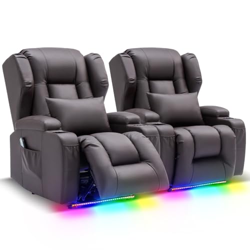 Image of Oprisen Wall Hugger Power Recliner Chair Set of 2, Overstuffed Home Theater Seating w /Heat Massage Electric Movie Gaming Sofa Reclining Sleeper Chair with LED Light /Lumbar Pillow /Cup Holders