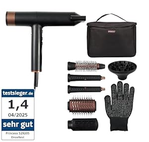 Princess Profi-Airstyler, 7-in-1 Stylingtool, 3 Heiz- & Geschwindigkeitsstufen, Ionenfunktion, Coolshot, 1, 8m Kabel, Reisetasche, 7 Aufsätze, Hitzeschutzhandschuh, BLDC-Motor, 2000 W, 01.529205.01.001