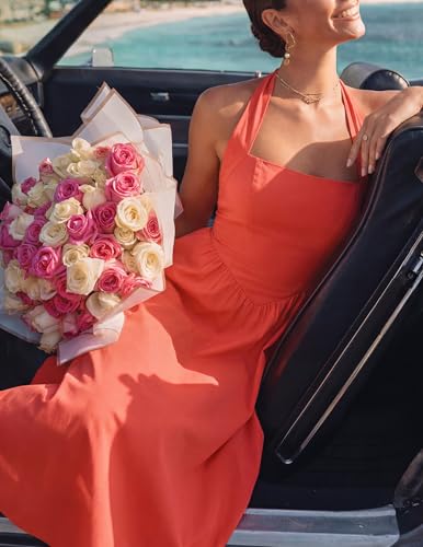 Image of ZESICA Women's Summer Sleeveless Halter Midi Dress 2026 Off Shoulder High Waist Flowy Formal Wedding Guest Long Dresses