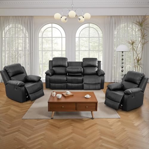 GEBADOL Manual Recliner Sofa Set, Bonded Leather Sofa Set with Recliners, Leather Reclining Couch Set with Storage Concole/CupHolders for Living Room (Black, Sofa+LOVESEAT+Chair)