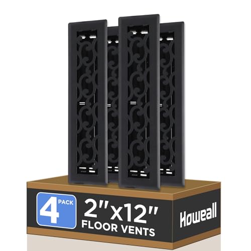 Howeall 2x12 Inches 4 Pack Heavy Duty Walkable Floor Register - Easy Adjust Air Supply Lever Decorative Floor Vent Covers, Savannah Design Vent Covers for Home - Matte Black