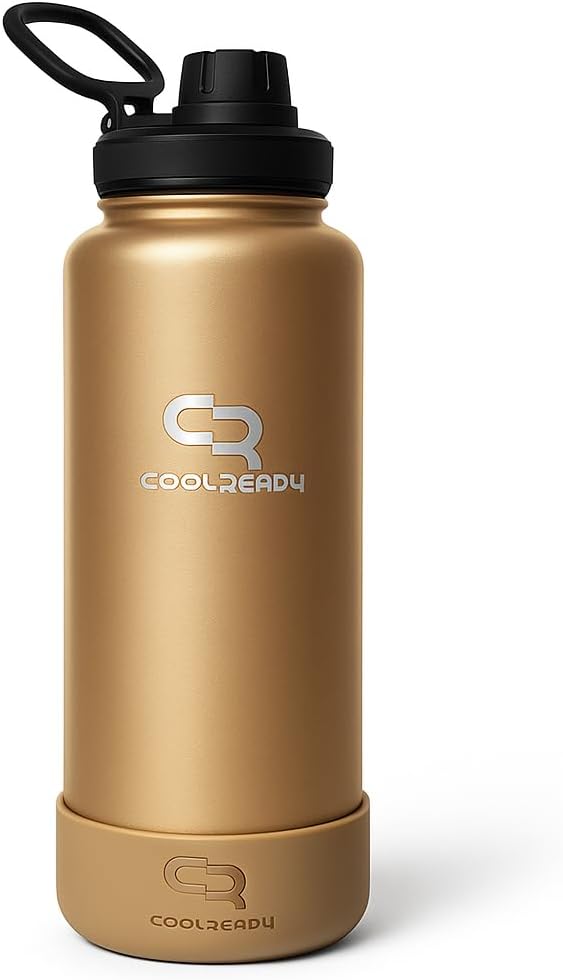 40 oz Gold Insulated Water Bottle – Leak-Proof Wide Mouth Stainless Steel Flask with Straw & Spout Lid + Silicone Boot – Bottle for Gym, Workout, Outdoor Use