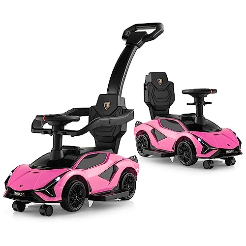 Image of HONEY JOY Ride On Push Car, 3-in-1 Licensed Lamborghini Kids Toy Push Car w/Removable Guardrails & Handle, Music, Hidden Storage Space & Detachable Universal Wheels, Push Cars for Toddlers 1-5(Pink)