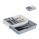 Relaxdays Cubertero Extensible, 7 Compartimentos, Organizador de Cubiertos Cajón, PP, 1 Ud, 6x23,5x31,5 cm, Gris