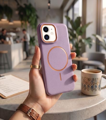 Image of amazon basics Luxury MagSafe Compatible Leather Texture Back Cover for iPhone 12 | Raised Camera Protection | Slim Fit Shockproof Case with Metallic Accents (Purple)