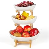 Gaethra Fruchtkuchen Stehen Mehrstöckiger Keramik-Obstkübel Küche Ablagekorb Arbeitsplatte Dekoschalen 3 Stöckig Obstschale Obstkorb Etagere mit Hölzernen Ständern für Küchendekoration Obst Snacks