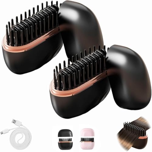 Glambrush Mini Hair Straightener, 2-In-1 Mini Cordless Hair Straightener Comb, 30s Fast Heating Hot Comb, USB Rechargeable Heated Styling Brush, 3-Speed Temperature Control, Anti-Scald Shell (Black*2)