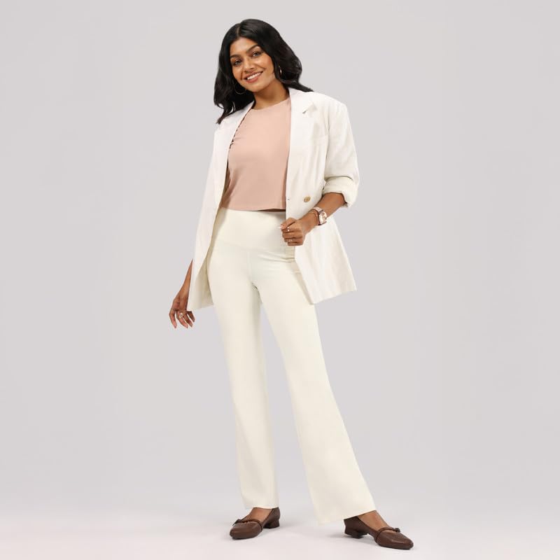 Image of BlissClub Ultimate Flare Pants for Women Upto 5'4 ft | Ribbed Waistband, 4 Pockets | High Waist Trousers and Formal Pants for Office wear