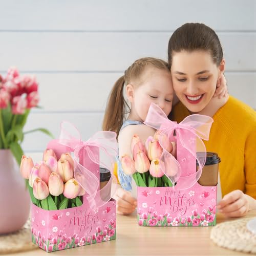 Engrowtic 30 Pcs Mother's Day 2 Cup Drink Carrier with Handle Pink Tulip Paper Cup Holder with Ribbon Floral Caddy Cardboard Cocoa Coffee Carriers for Wedding Birthday Baby Shower Party Supplies by Engrowtic - Image 4