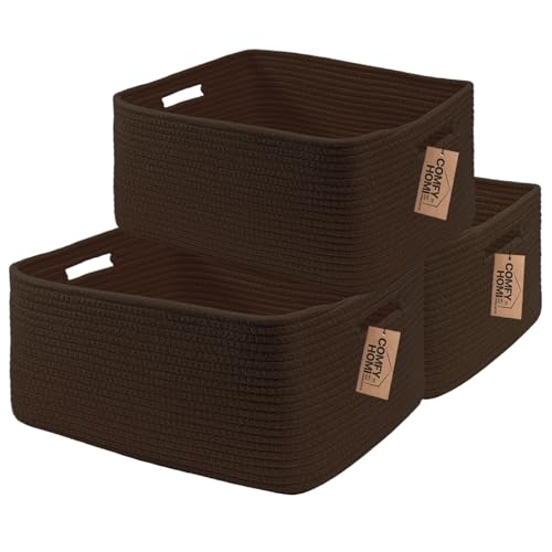 COMFY-HOMI 3 pcs Large Storage Baskets for Shelves, Laundry Basket, Woven Rope Basket, Closet Organizer Bins for Clothes Blanket Towels, Baby Nursery, Gift Toy Baskets, 17 x 13 x 7.5-dark brown