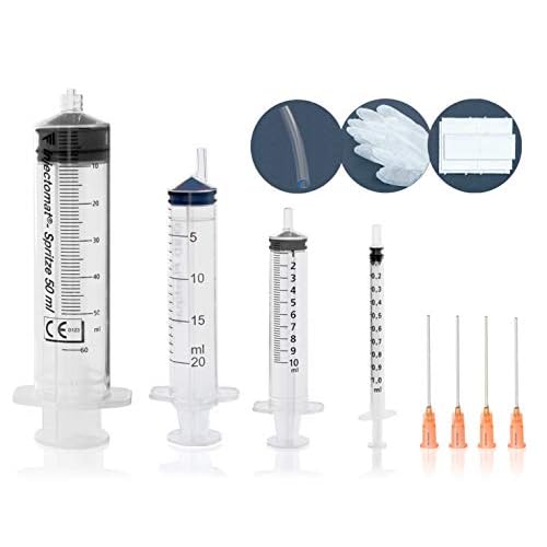 Spritzen-Set mit Kanülen und Aufbewahrungskappen zur Verwendung als Dosierspritze, Spülspritze, Kleisterspritze, Marinierspritze usw.