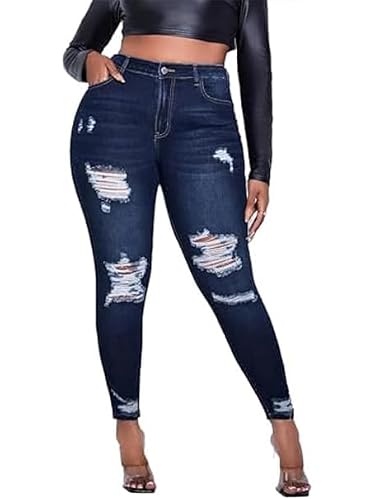 Image of Vaimti Plus Size Women's Distressed Ripped Denim Jeans, High Waist Skinny Fit (UK, Alpha, 5XL, Plus, Regular, Blue)