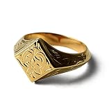[BFF] ブランド プルメリア 印台リング スモール 小ぶり ゴールド 18K GP gold 金色 菱形 ダイヤ型 スタンプ シグネット ハワイ ハワイアンジュエリー 手彫り 彫金 指輪(ゴールド：Sサイズ、14号)