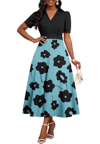 Image of MarryUP Women's Midi Dresses - V Neck Cocktail & Church Tea Dresses - Short Sleeve A-Line Swing Dress