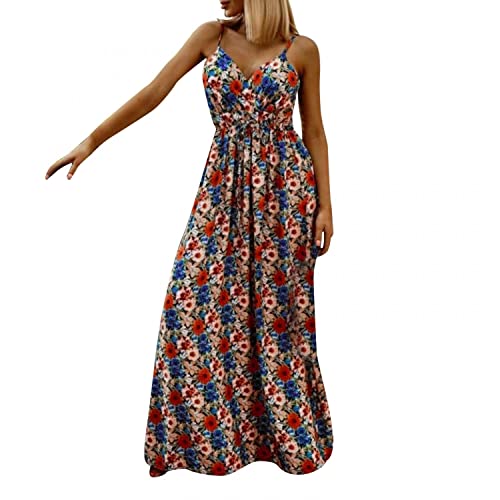 Sommerkleid Damen Mode Leopardendruck Boho Maxikleider V-Ausschnitt Spaghettiträger Armellos Freizeitkleid Strandkleider Sommer Lose Swing Partykleider Lange Kleid Cover
