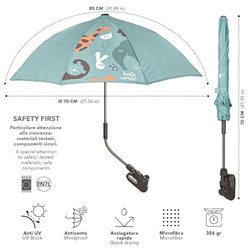 Miniatura 2 de Perletti Sombrilla Carro Bebe Universal Anti Uv Con Animales - Mini Paraguas Cochecito Niño Niña Protección Solar Apertura Manual - Sombrilla Lluvia Carrito Silla De Paseo - Diámetro 70 Cm Verde