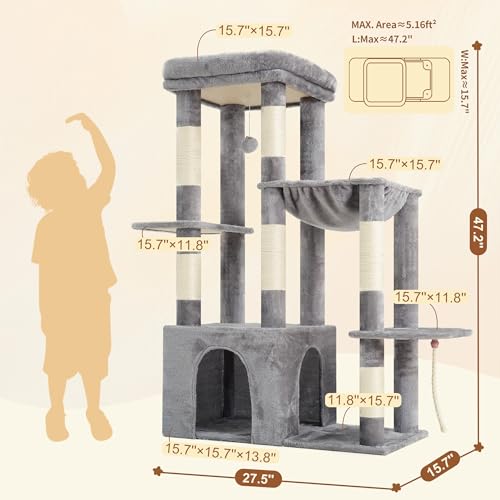 Image of Heybly Heavy Duty Cat Tree, Tower for Indoor Cats Large Adult, Tall Cat Condo House with Extra-Large Baseboard, Multi-Level Plush Furniture with Scratching Posts, Hammock,Toy Balls,Light Gray HCT026W