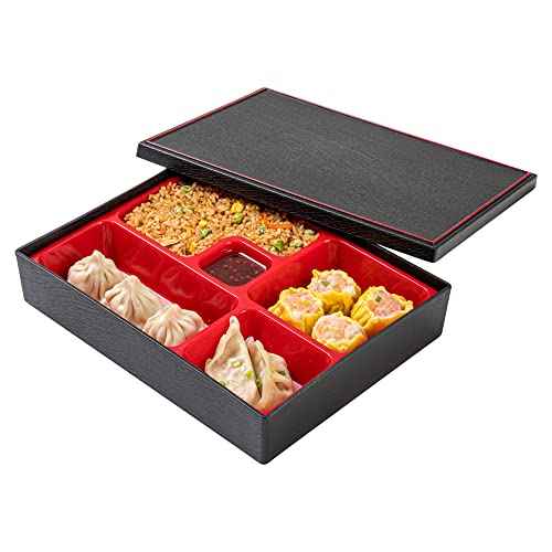 Restaurantware-10.6 x 8.3 x 2.4 Inch Compartment Lunch Container, 1 Japanese Style Adult Lunch Container - With 5 Compartments, Greaseproof, Black & Red Plastic Divided Meal Box, For Hot & Cold Food